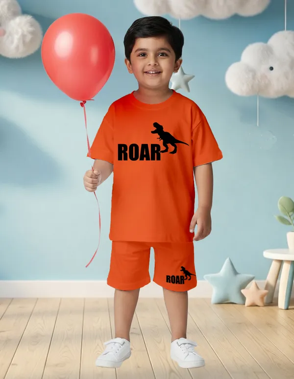 Nusyl_Boys_Orange_Dinosaur_Printed_&_Roar_Text_Printed_Cotton_Blend_Relaxed_T_Shirts_And_Shorts_With_Side_Pockets_Oversized_Length_T_Shirts_And_Shorts_Knee_Length