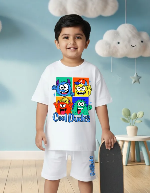Nusyl_Boys_White_Monsters_Printed_&_Cool_Dudes_Text_Printed_Cotton_Blend_Relaxed_T_Shirts_And_Shorts_With_Side_Pockets_Oversized_Length_T_Shirts_And_Shorts_Knee_Length
