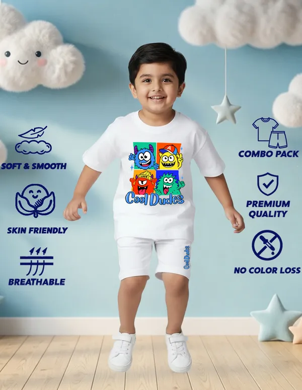 Nusyl_Boys_White_Monsters_Printed_&_Cool_Dudes_Text_Printed_Cotton_Blend_Relaxed_T_Shirts_And_Shorts_With_Side_Pockets_Oversized_Length_T_Shirts_And_Shorts_Knee_Length