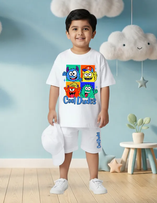 Nusyl_Boys_White_Monsters_Printed_&_Cool_Dudes_Text_Printed_Cotton_Blend_Relaxed_T_Shirts_And_Shorts_With_Side_Pockets_Oversized_Length_T_Shirts_And_Shorts_Knee_Length