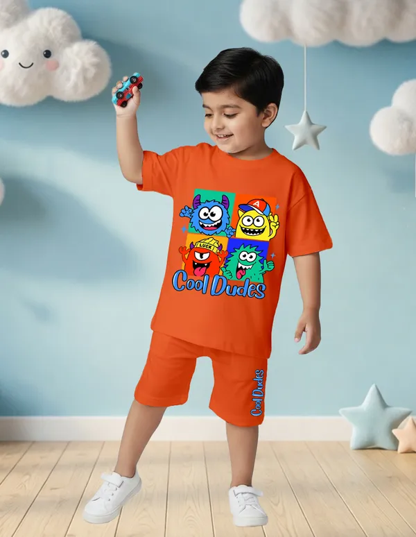 Nusyl_Boys_Orange_Monsters_Printed_&_Cool_Dudes_Text_Printed_Cotton_Blend_Relaxed_T_Shirts_And_Shorts_With_Side_Pockets_Oversized_Length_T_Shirts_And_Shorts_Knee_Length