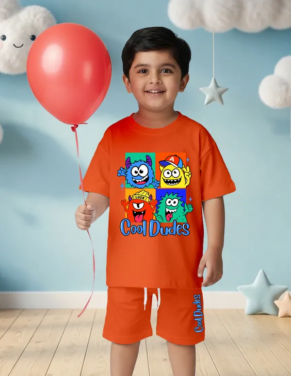 Nusyl_Boys_Orange_Monsters_Printed_&_Cool_Dudes_Text_Printed_Cotton_Blend_Relaxed_T_Shirts_And_Shorts_With_Side_Pockets_Oversized_Length_T_Shirts_And_Shorts_Knee_Length
