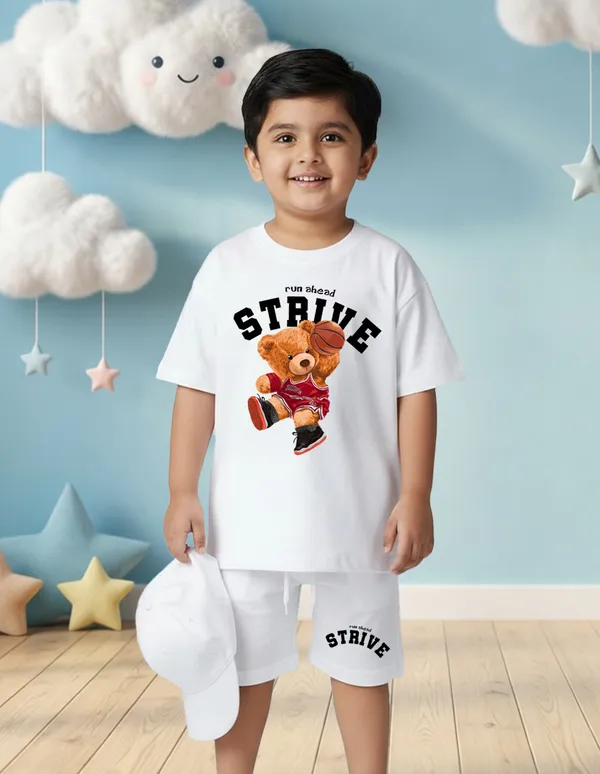 Nusyl_Boys_White_Teddy_Printed_&_Strive_Text_Printed_Cotton_Blend_Relaxed_T_Shirts_And_Shorts_With_Side_Pockets_Oversized_Length_T_Shirts_And_Shorts_Knee_Length