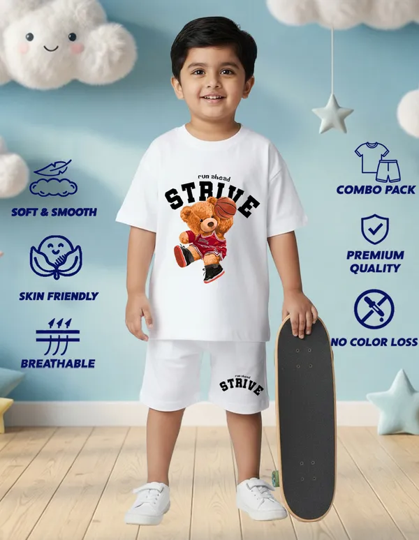 Nusyl_Boys_White_Teddy_Printed_&_Strive_Text_Printed_Cotton_Blend_Relaxed_T_Shirts_And_Shorts_With_Side_Pockets_Oversized_Length_T_Shirts_And_Shorts_Knee_Length