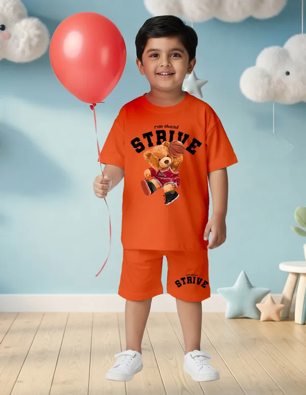Nusyl_Boys_Orange_Teddy_Printed_&_Strive_Text_Printed_Cotton_Blend_Relaxed_T_Shirts_And_Shorts_With_Side_Pockets_Oversized_Length_T_Shirts_And_Shorts_Knee_Length