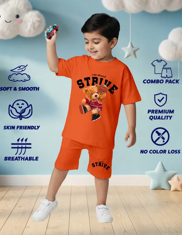 Nusyl_Boys_Orange_Teddy_Printed_&_Strive_Text_Printed_Cotton_Blend_Relaxed_T_Shirts_And_Shorts_With_Side_Pockets_Oversized_Length_T_Shirts_And_Shorts_Knee_Length