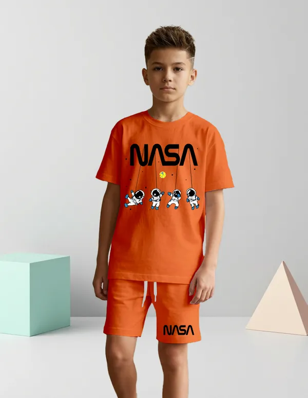Nusyl_Boys_Orange_Astronaut_Printed_&_Nasa_Text_Printed_Cotton_Blend_Relaxed_T_Shirts_And_Shorts_With_Side_Pockets_Oversized_Length_T_Shirts_And_Shorts_Knee_Length