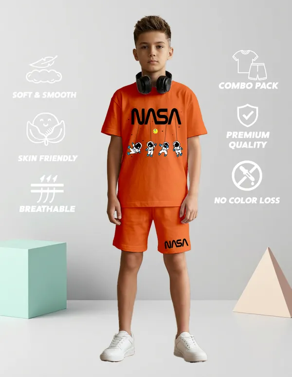 Nusyl_Boys_Orange_Astronaut_Printed_&_Nasa_Text_Printed_Cotton_Blend_Relaxed_T_Shirts_And_Shorts_With_Side_Pockets_Oversized_Length_T_Shirts_And_Shorts_Knee_Length