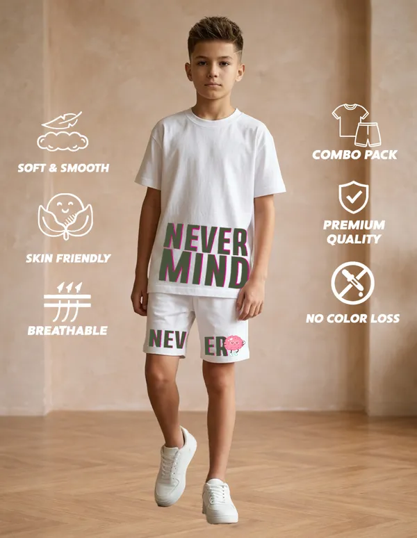 Nusyl_Boys_White_Never_Mind_Text_Printed_Cotton_Blend_Relaxed_T_Shirts_And_Shorts_With_Side_Pockets_Oversized_Length_T_Shirts_And_Shorts_Knee_Length