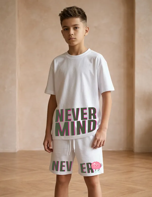 Nusyl_Boys_White_Never_Mind_Text_Printed_Cotton_Blend_Relaxed_T_Shirts_And_Shorts_With_Side_Pockets_Oversized_Length_T_Shirts_And_Shorts_Knee_Length