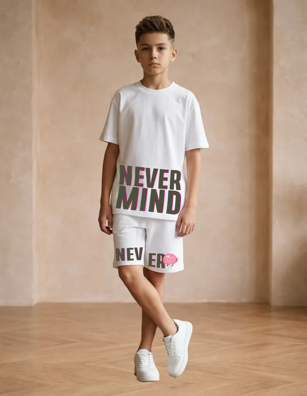 Nusyl_Boys_White_Never_Mind_Text_Printed_Cotton_Blend_Relaxed_T_Shirts_And_Shorts_With_Side_Pockets_Oversized_Length_T_Shirts_And_Shorts_Knee_Length