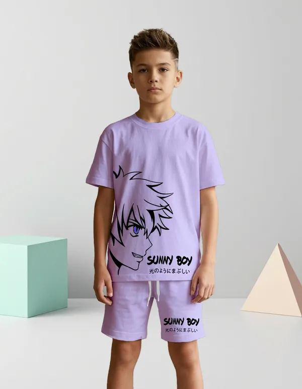 Nusyl_Boys_Lilac_Anime_Character_Printed_&_Sunny_Boy_Text_Printed_Cotton_Blend_Relaxed_T_Shirts_And_Shorts_With_Side_Pockets_Oversized_Length_T_Shirts_And_Shorts_Knee_Length