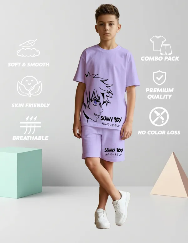 Nusyl_Boys_Lilac_Anime_Character_Printed_&_Sunny_Boy_Text_Printed_Cotton_Blend_Relaxed_T_Shirts_And_Shorts_With_Side_Pockets_Oversized_Length_T_Shirts_And_Shorts_Knee_Length