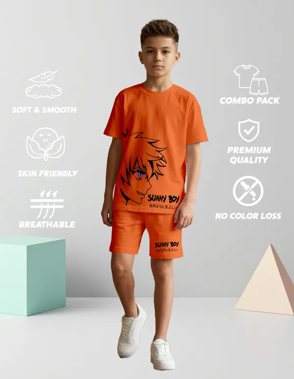Nusyl_Boys_Orange_Anime_Character_Printed_&_Sunny_Boy_Text_Printed_Cotton_Blend_Relaxed_T_Shirts_And_Shorts_With_Side_Pockets_Oversized_Length_T_Shirts_And_Shorts_Knee_Length