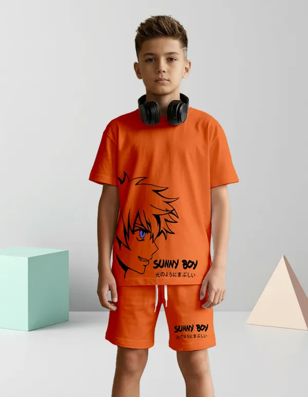 Nusyl_Boys_Orange_Anime_Character_Printed_&_Sunny_Boy_Text_Printed_Cotton_Blend_Relaxed_T_Shirts_And_Shorts_With_Side_Pockets_Oversized_Length_T_Shirts_And_Shorts_Knee_Length