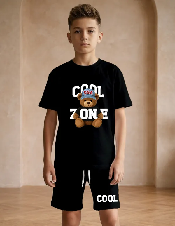 Nusyl_Boys_Black_Teddy_Printed_&_Cool_Zone_Text_Printed_Cotton_Blend_Relaxed_T_Shirts_And_Shorts_With_Side_Pockets_Oversized_Length_T_Shirts_And_Shorts_Knee_Length