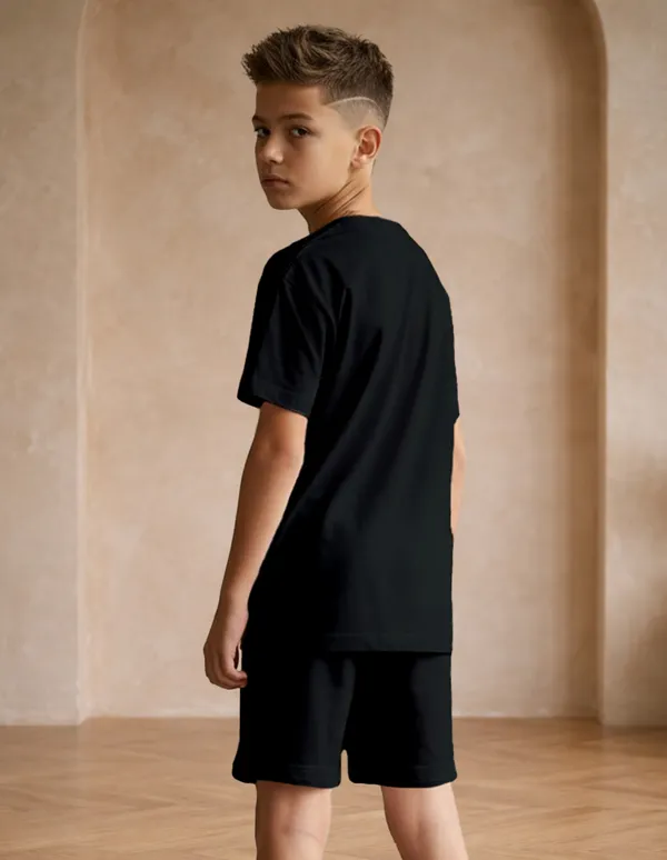 Nusyl_Boys_Black_Teddy_Printed_&_Cool_Zone_Text_Printed_Cotton_Blend_Relaxed_T_Shirts_And_Shorts_With_Side_Pockets_Oversized_Length_T_Shirts_And_Shorts_Knee_Length