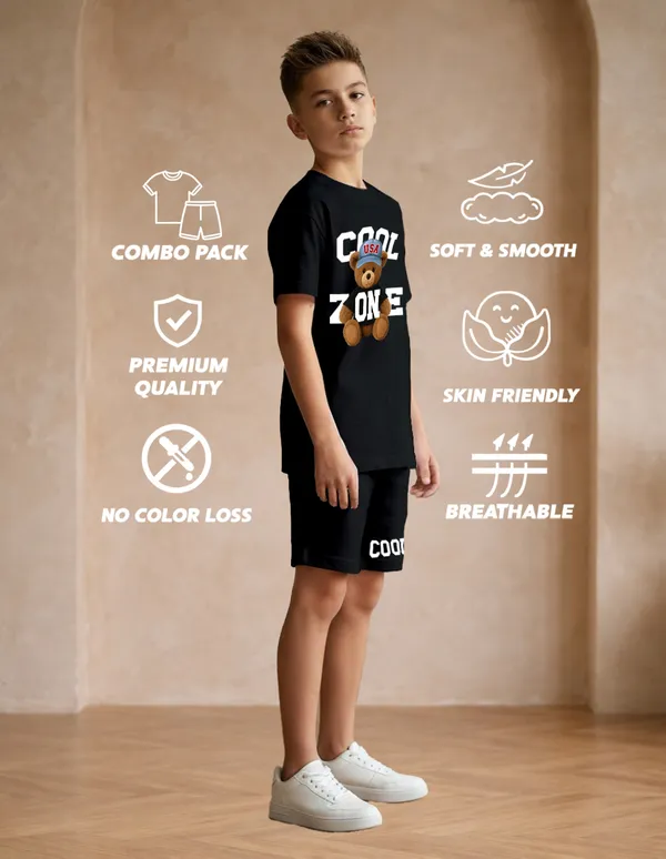 Nusyl_Boys_Black_Teddy_Printed_&_Cool_Zone_Text_Printed_Cotton_Blend_Relaxed_T_Shirts_And_Shorts_With_Side_Pockets_Oversized_Length_T_Shirts_And_Shorts_Knee_Length