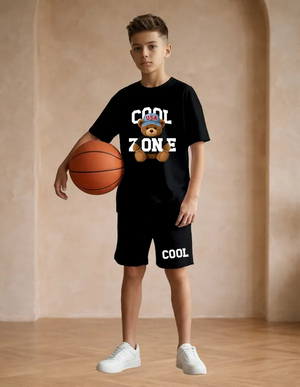 Nusyl_Boys_Black_Teddy_Printed_&_Cool_Zone_Text_Printed_Cotton_Blend_Relaxed_T_Shirts_And_Shorts_With_Side_Pockets_Oversized_Length_T_Shirts_And_Shorts_Knee_Length