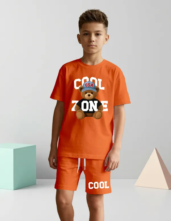 Nusyl_Boys_Orange_Teddy_Printed_&_Cool_Zone_Text_Printed_Cotton_Blend_Relaxed_T_Shirts_And_Shorts_With_Side_Pockets_Oversized_Length_T_Shirts_And_Shorts_Knee_Length