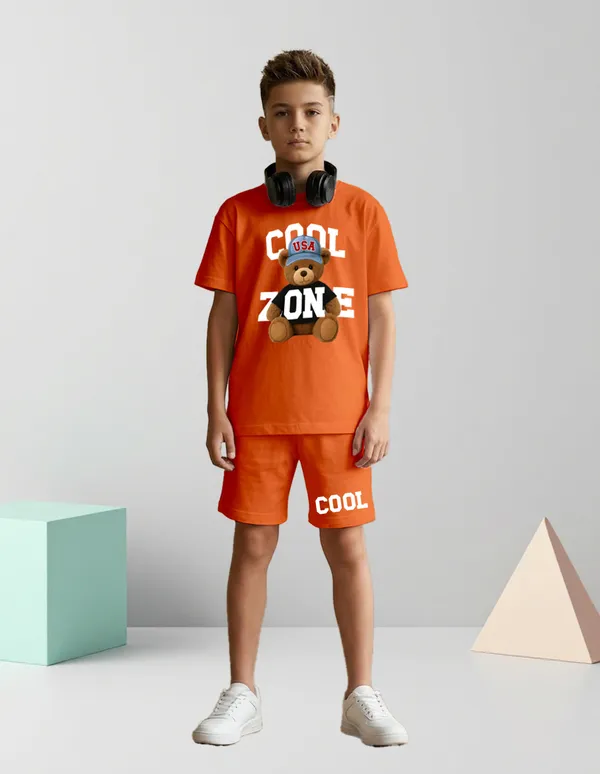 Nusyl_Boys_Orange_Teddy_Printed_&_Cool_Zone_Text_Printed_Cotton_Blend_Relaxed_T_Shirts_And_Shorts_With_Side_Pockets_Oversized_Length_T_Shirts_And_Shorts_Knee_Length