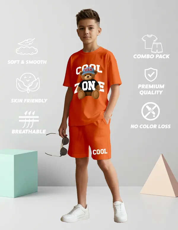 Nusyl_Boys_Orange_Teddy_Printed_&_Cool_Zone_Text_Printed_Cotton_Blend_Relaxed_T_Shirts_And_Shorts_With_Side_Pockets_Oversized_Length_T_Shirts_And_Shorts_Knee_Length