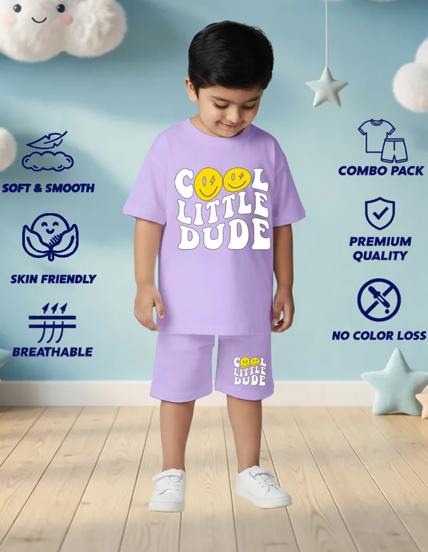 Nusyl_Boys_Lilac_Cool_Little_Dude_Text_Printed_Cotton_Blend_Relaxed_T_Shirts_And_Shorts_With_Side_Pockets_Oversized_Length_T_Shirts_And_Shorts_Knee_Length