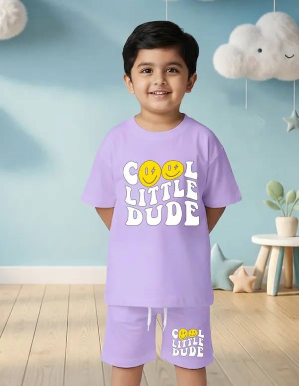 Nusyl_Boys_Lilac_Cool_Little_Dude_Text_Printed_Cotton_Blend_Relaxed_T_Shirts_And_Shorts_With_Side_Pockets_Oversized_Length_T_Shirts_And_Shorts_Knee_Length