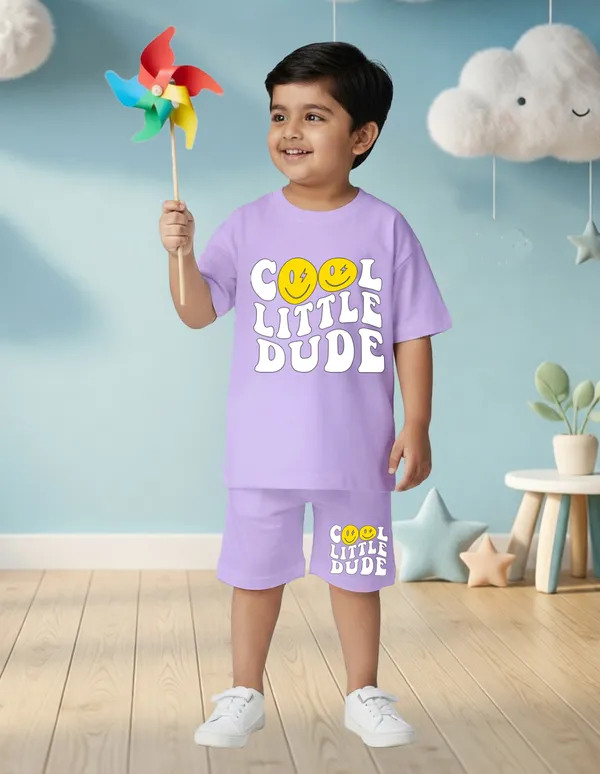 Nusyl_Boys_Lilac_Cool_Little_Dude_Text_Printed_Cotton_Blend_Relaxed_T_Shirts_And_Shorts_With_Side_Pockets_Oversized_Length_T_Shirts_And_Shorts_Knee_Length