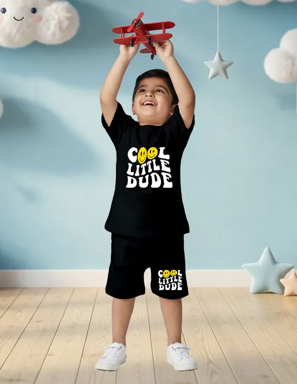 Nusyl_Boys_Black_Cool_Little_Dude_Text_Printed_Cotton_Blend_Relaxed_T_Shirts_And_Shorts_With_Side_Pockets_Oversized_Length_T_Shirts_And_Shorts_Knee_Length