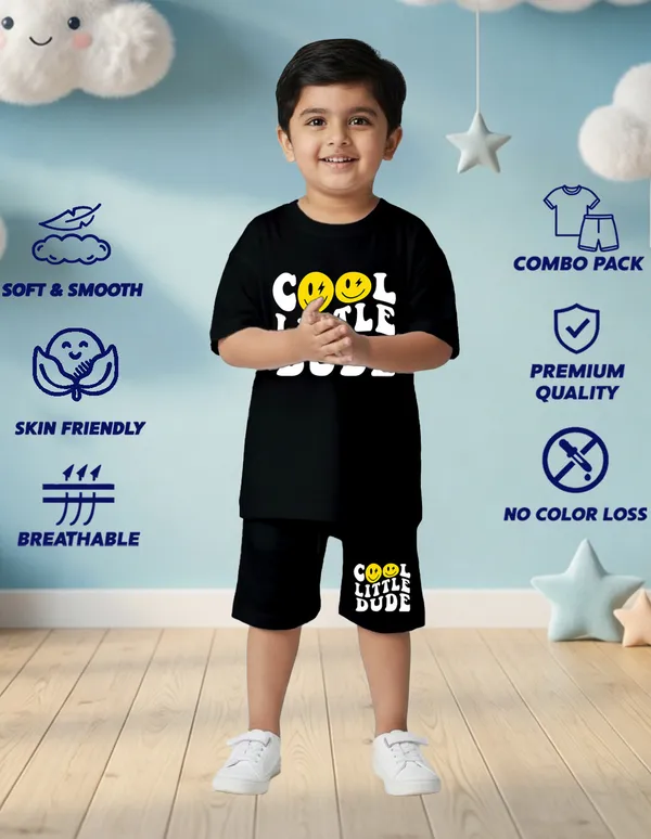 Nusyl_Boys_Black_Cool_Little_Dude_Text_Printed_Cotton_Blend_Relaxed_T_Shirts_And_Shorts_With_Side_Pockets_Oversized_Length_T_Shirts_And_Shorts_Knee_Length