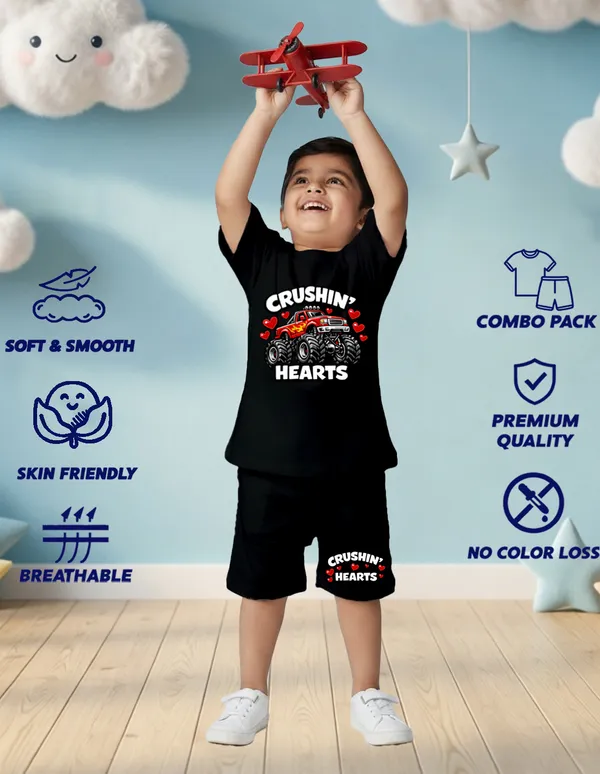 Nusyl_Boys_Black_Monster_Truck_Printed_&_Hearts_Text_Printed_Cotton_Blend_Relaxed_T_Shirts_And_Shorts_With_Side_Pockets_Oversized_Length_T_Shirts_And_Shorts_Knee_Length
