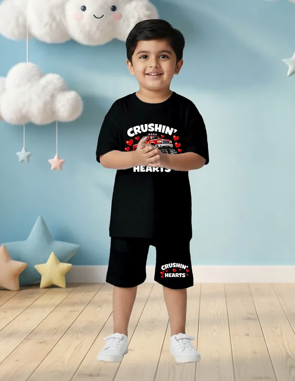 Nusyl_Boys_Black_Monster_Truck_Printed_&_Hearts_Text_Printed_Cotton_Blend_Relaxed_T_Shirts_And_Shorts_With_Side_Pockets_Oversized_Length_T_Shirts_And_Shorts_Knee_Length