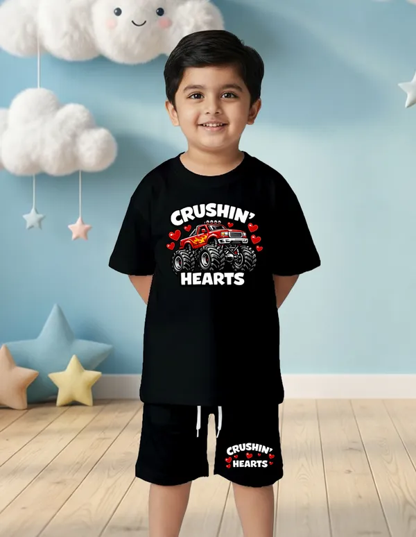 Nusyl_Boys_Black_Monster_Truck_Printed_&_Hearts_Text_Printed_Cotton_Blend_Relaxed_T_Shirts_And_Shorts_With_Side_Pockets_Oversized_Length_T_Shirts_And_Shorts_Knee_Length