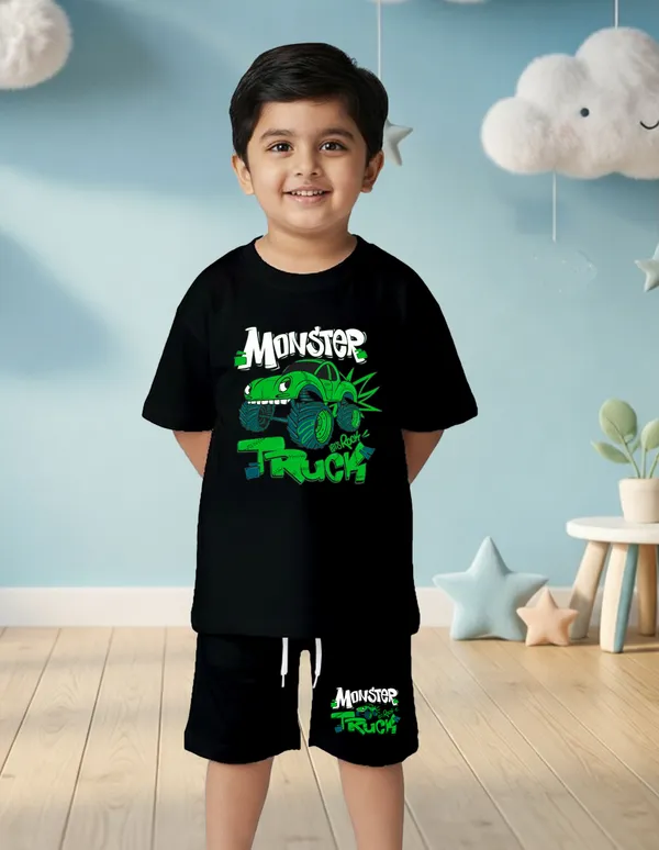 Nusyl_Boys_Black_Truck_Printed_&_Monster_Truck_Text_Printed_Cotton_Blend_Relaxed_T_Shirts_And_Shorts_With_Side_Pockets_Oversized_Length_T_Shirts_And_Shorts_Knee_Length