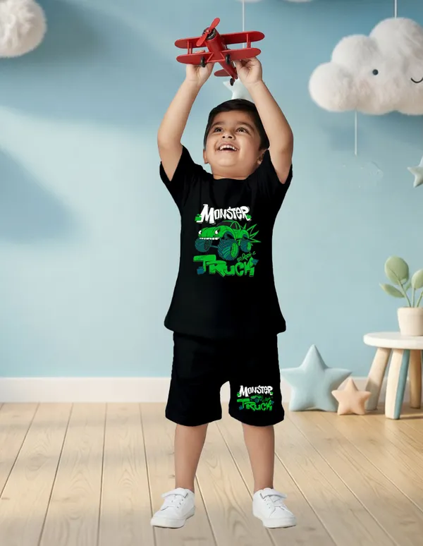 Nusyl_Boys_Black_Truck_Printed_&_Monster_Truck_Text_Printed_Cotton_Blend_Relaxed_T_Shirts_And_Shorts_With_Side_Pockets_Oversized_Length_T_Shirts_And_Shorts_Knee_Length