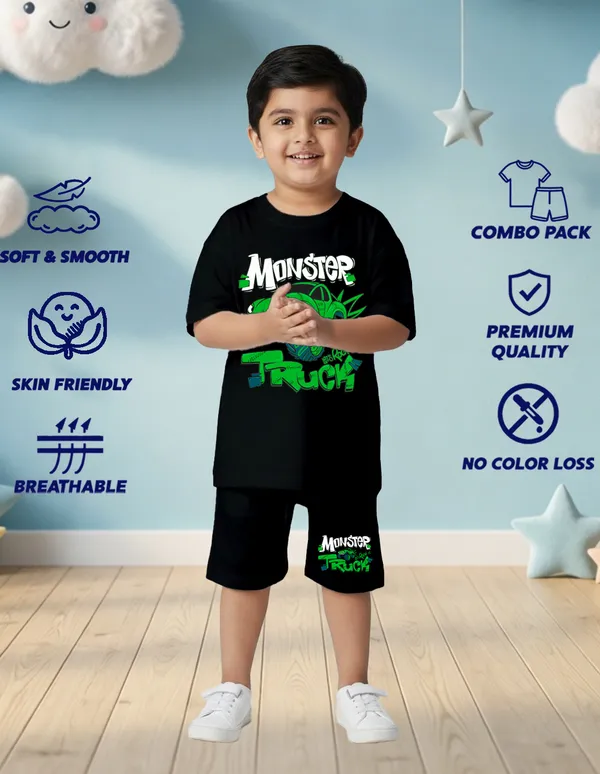 Nusyl_Boys_Black_Truck_Printed_&_Monster_Truck_Text_Printed_Cotton_Blend_Relaxed_T_Shirts_And_Shorts_With_Side_Pockets_Oversized_Length_T_Shirts_And_Shorts_Knee_Length