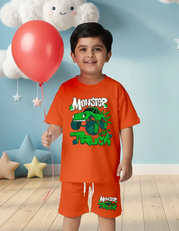 Nusyl_Boys_Orange_Truck_Printed_&_Monster_Truck_Text_Printed_Cotton_Blend_Relaxed_T_Shirts_And_Shorts_With_Side_Pockets_Oversized_Length_T_Shirts_And_Shorts_Knee_Length