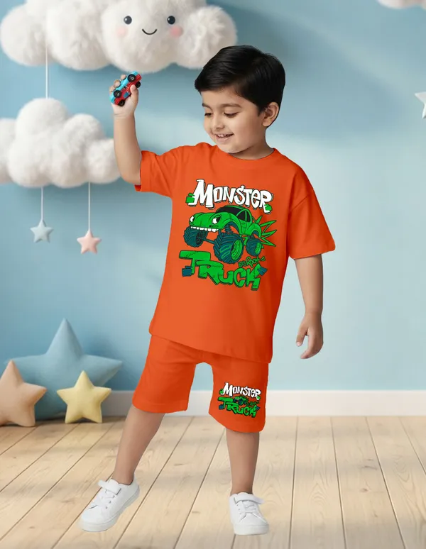 Nusyl_Boys_Orange_Truck_Printed_&_Monster_Truck_Text_Printed_Cotton_Blend_Relaxed_T_Shirts_And_Shorts_With_Side_Pockets_Oversized_Length_T_Shirts_And_Shorts_Knee_Length
