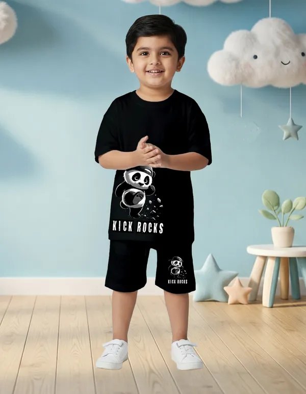 Nusyl_Boys_Black_Panda_Printed_&_Kick_Rocks_Text_Printed_Cotton_Blend_Relaxed_T_Shirts_And_Shorts_With_Side_Pockets_Oversized_Length_T_Shirts_And_Shorts_Knee_Length
