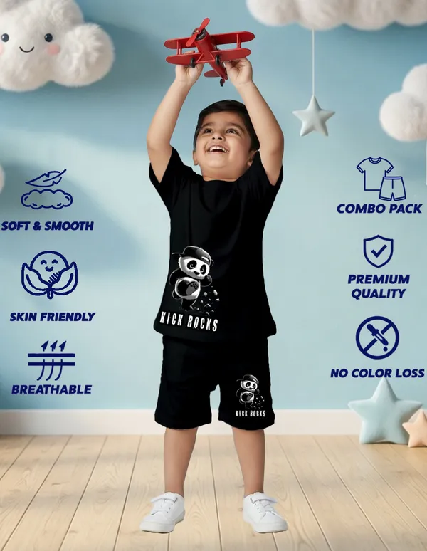 Nusyl_Boys_Black_Panda_Printed_&_Kick_Rocks_Text_Printed_Cotton_Blend_Relaxed_T_Shirts_And_Shorts_With_Side_Pockets_Oversized_Length_T_Shirts_And_Shorts_Knee_Length