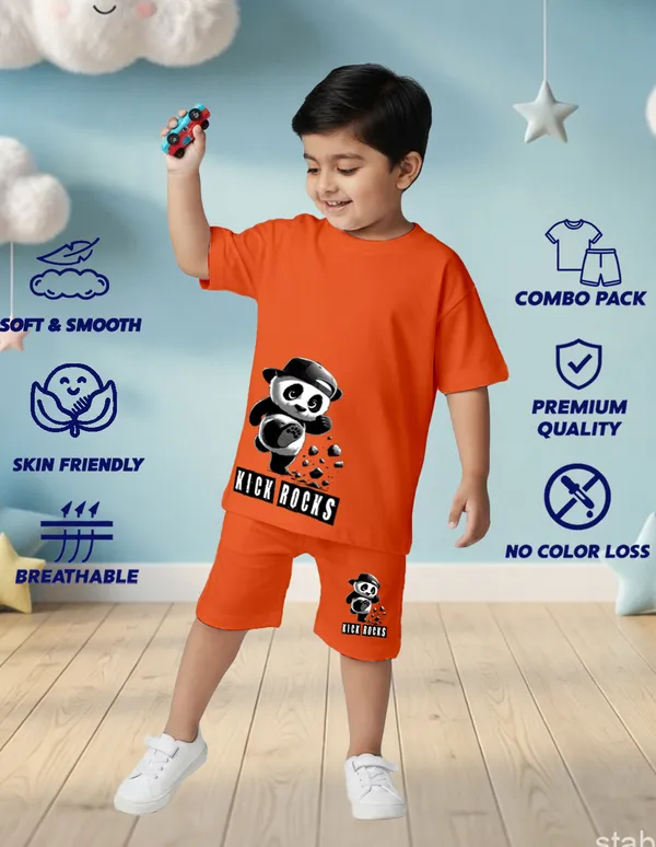 Nusyl_Boys_Orange_Panda_Printed_&_Kick_Rocks_Text_Printed_Cotton_Blend_Relaxed_T_Shirts_And_Shorts_With_Side_Pockets_Oversized_Length_T_Shirts_And_Shorts_Knee_Length