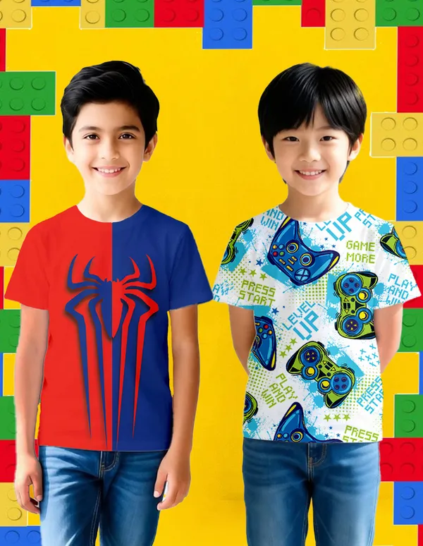 Nusyl_Boy_White_Spider_Printed_&_Level_Up_Text_Printed_Half_Sleeves_Pack_Of_2_T_Shirts_Soft_&_Comfortable_Half_Sleeve_T_Shirts_Cozy_Summer_Wear_For_Kids_&_Teen_Boys