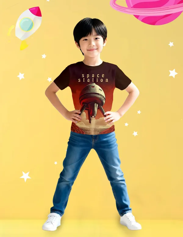 Nusyl_Boy_Brown_New_York_Text_Printed_&_Space_Station_Text_Printed_Half_Sleeves_Pack_Of_2_T_Shirts_Soft_&_Comfortable_Half_Sleeve_T_Shirts_Cozy_Summer_Wear_For_Kids_&_Teen_Boys