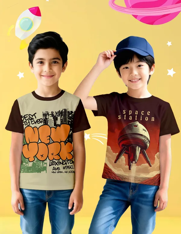 Nusyl_Boy_Brown_New_York_Text_Printed_&_Space_Station_Text_Printed_Half_Sleeves_Pack_Of_2_T_Shirts_Soft_&_Comfortable_Half_Sleeve_T_Shirts_Cozy_Summer_Wear_For_Kids_&_Teen_Boys
