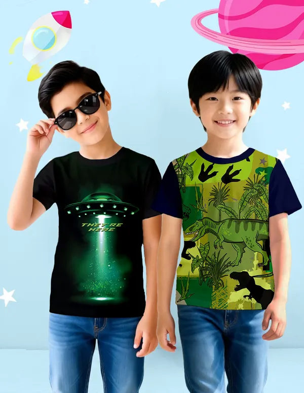 Nusyl_Boy_Black_&_Navy_Dinosaur_Printed_&_They'Re_Here_Text_Printed_Half_Sleeves_Pack_Of_2_T_Shirts_Soft_&_Comfortable_Half_Sleeve_T_Shirts_Cozy_Summer_Wear_For_Kids_&_Teen_Boys