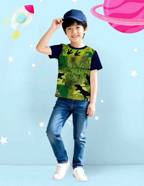Nusyl_Boy_Black_&_Navy_Dinosaur_Printed_&_They'Re_Here_Text_Printed_Half_Sleeves_Pack_Of_2_T_Shirts_Soft_&_Comfortable_Half_Sleeve_T_Shirts_Cozy_Summer_Wear_For_Kids_&_Teen_Boys