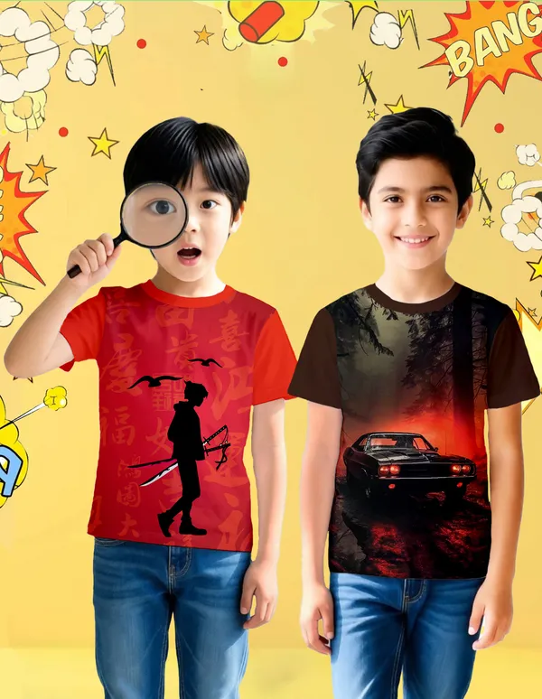 Nusyl_Boy_Red_&_Brown_Car_Printed_&_Sword_Man_Printed_Half_Sleeves_Pack_Of_2_T_Shirts_Soft_&_Comfortable_Half_Sleeve_T_Shirts_Cozy_Summer_Wear_For_Kids_&_Teen_Boys
