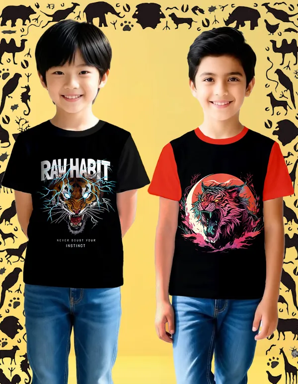 Nusyl_Boy_Red_&_Black_Raw_Habit_Text_Printed_&_Tigers_Printed_Half_Sleeves_Pack_Of_2_T_Shirts_Soft_&_Comfortable_Half_Sleeve_T_Shirts_Cozy_Summer_Wear_For_Kids_&_Teen_Boys