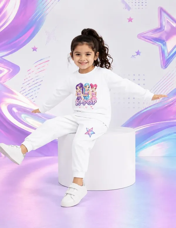 NUSYL_Girls_White_K-pop_Text_Printed_Cotton_Blend_T-shirts_and_Joggers_|_Girls's_Regular_Length_T-shirts_and_Regular_Jogger
